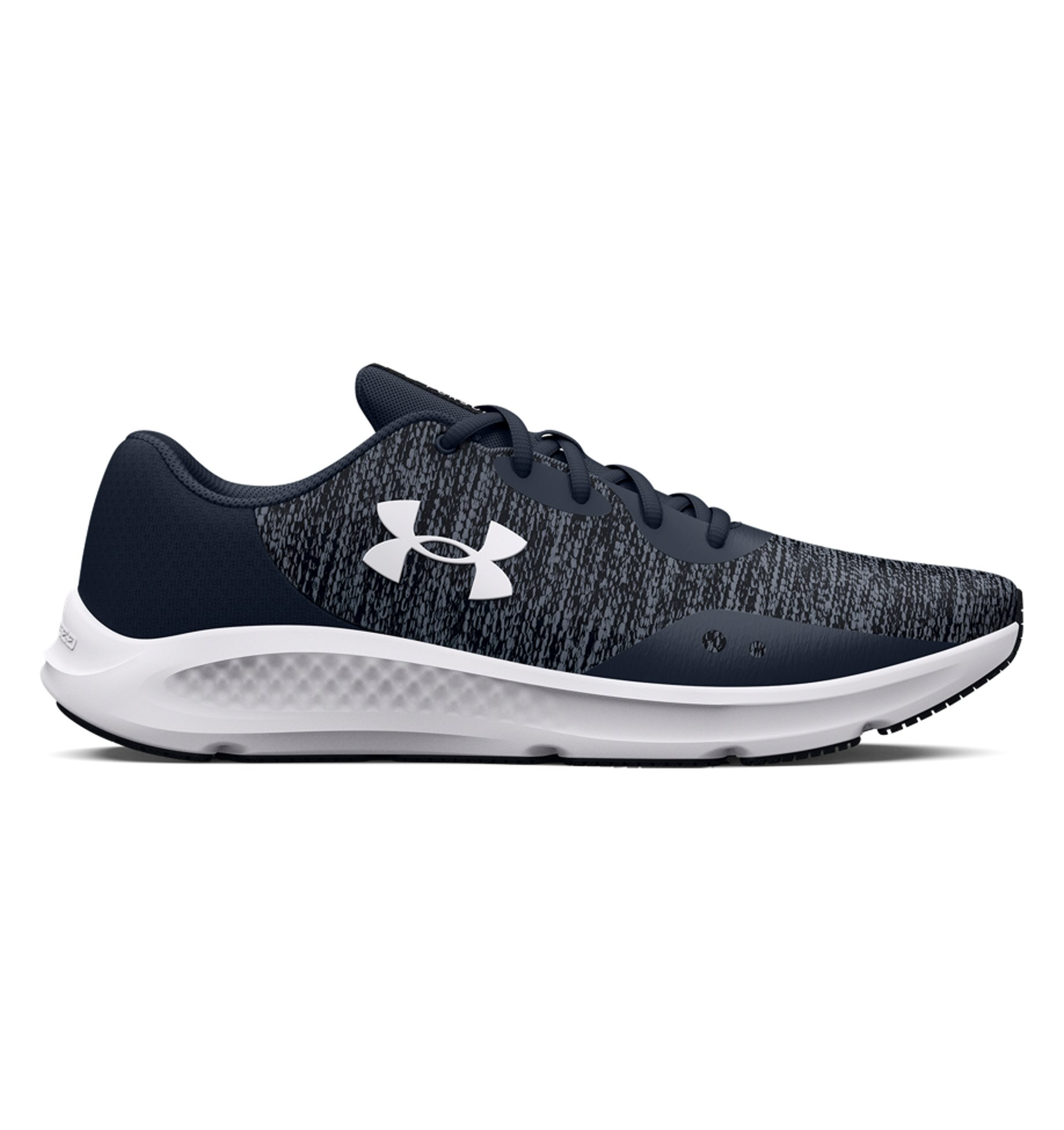 Under Armour UA Charged Pursuit 3 Twist running shoes in navy, featuring breathable mesh and cushioned support for comfort.
